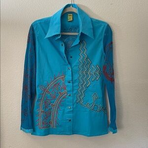 Save The Queen Turquoise Embroidered Button-Down Shirt sheer sleeves L NWOT